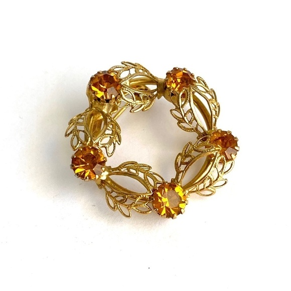 Vintage Wreath Brooch Faux Citrine Rhinestone Gold - Picture 4 of 7